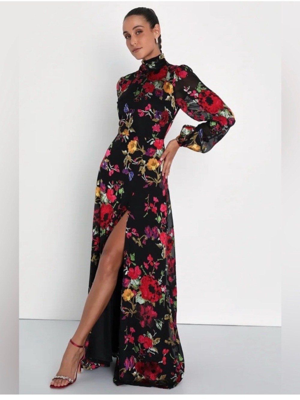 Graceful Arrival Black Floral Burnout Backless Maxi Lulu